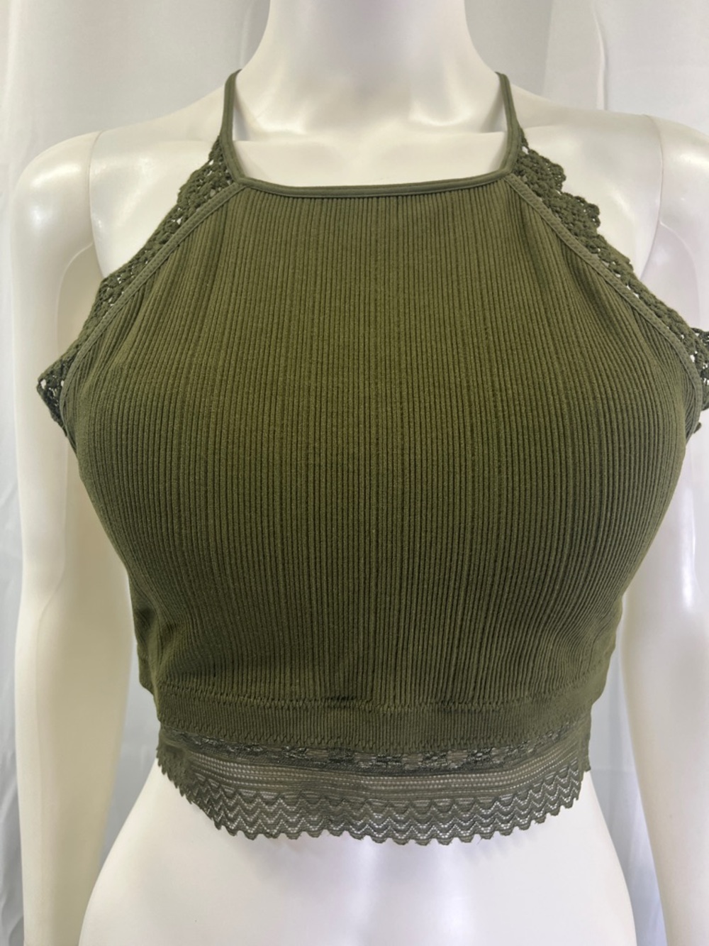Fornia Olive Green Ribbed Lace-Trim Halter Crop Top